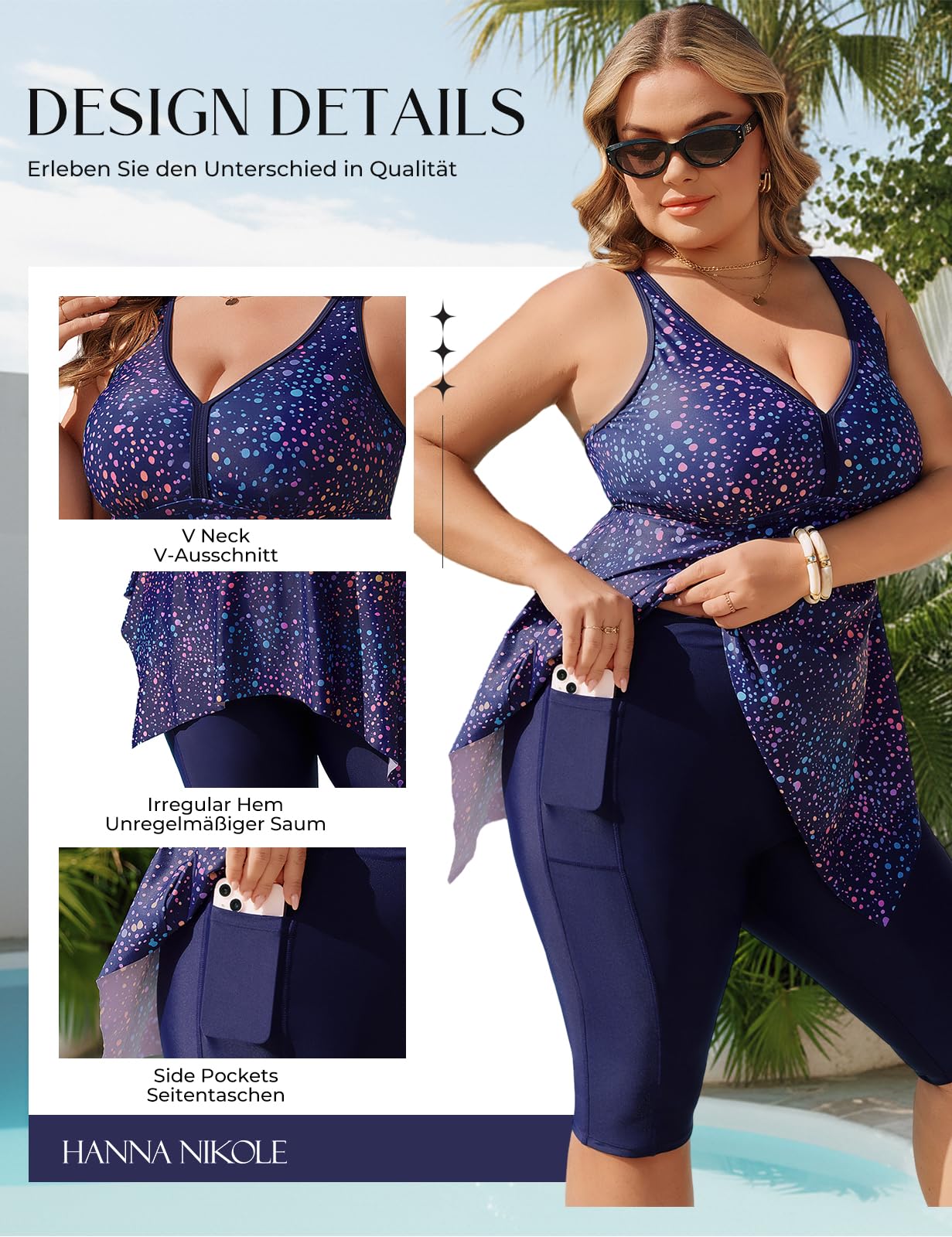 Hanna Nikole Tankini - Costume da bagno da donna, taglie forti, con scollo a V, orlo irregolare, top con pantaloncini