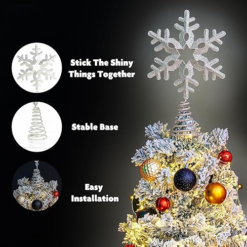 Miniatura 6 de DUSVALLY Decoración de árbol de nieve iluminada con purpurina de metal plateado de 13 x 8 pulgadas para decoración de árbol de Navidad de copo de