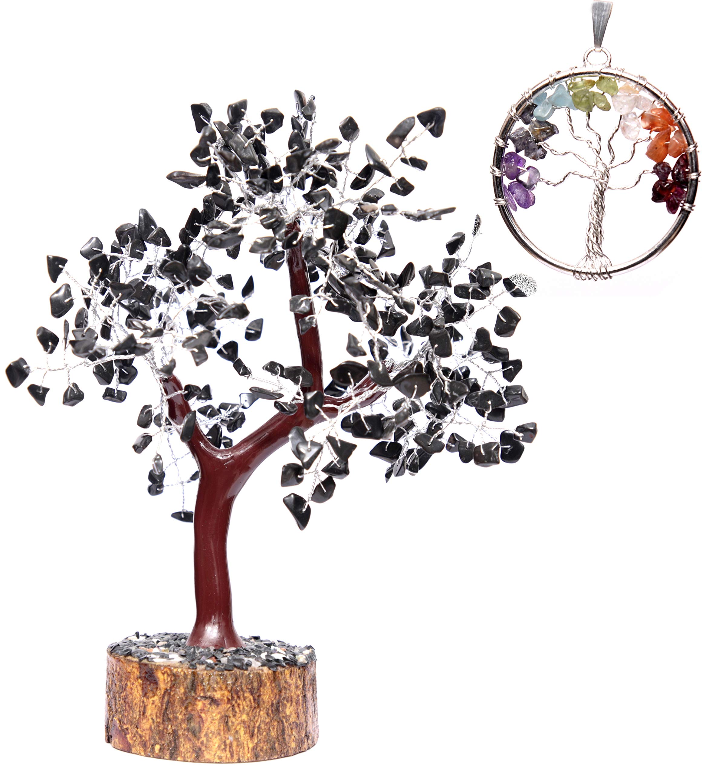 KACHVI Crystal Trees Crystals And Gemstones Black Tourmaline Money Tree (Tree of Life PENDANT Gift) Feng Shui Bonsai Reiki Spiritual Meditation Home Office Decor Silver Wire Size 10-12 Inch