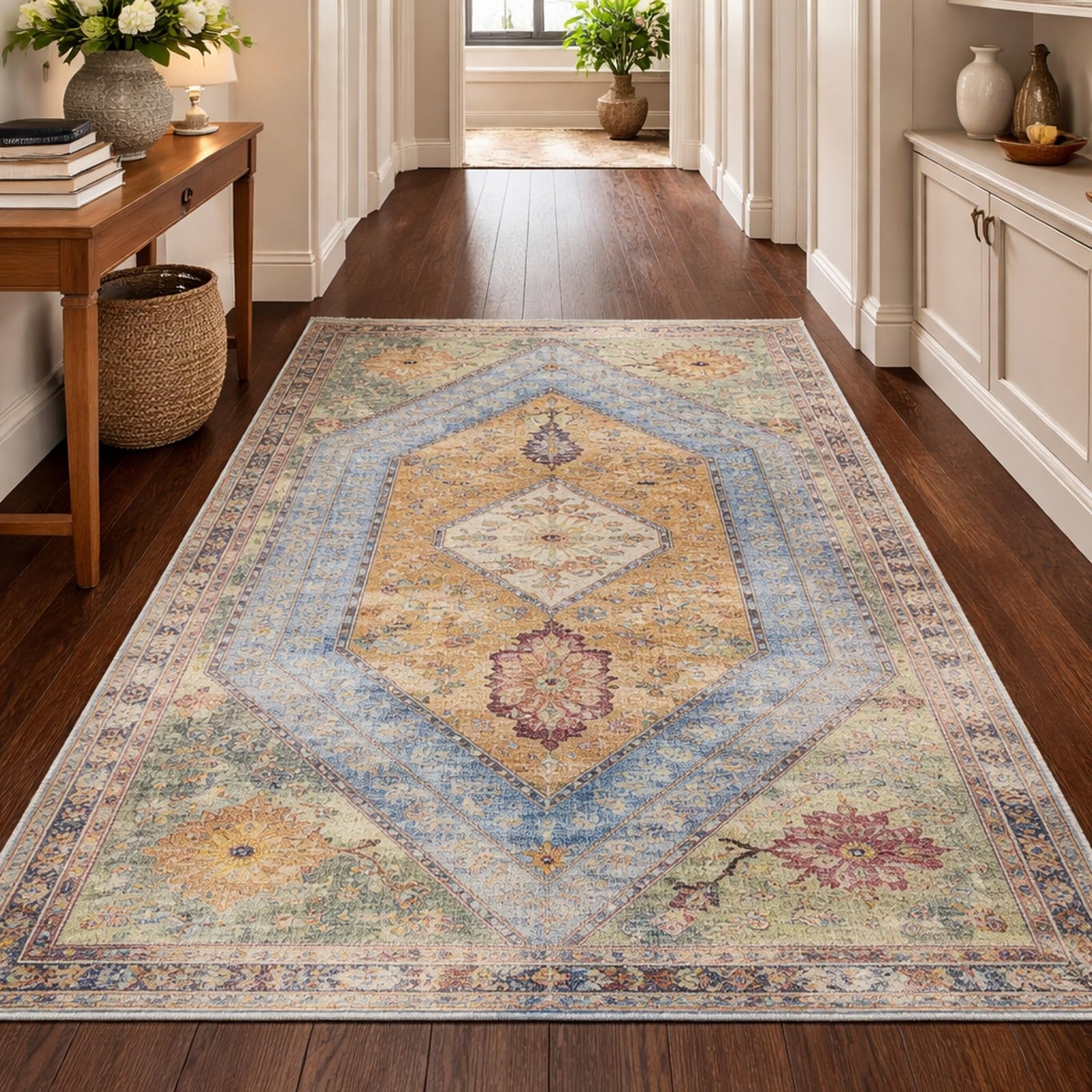 Tapis de salle à manger géométrique bleu marron protège sol 170x200