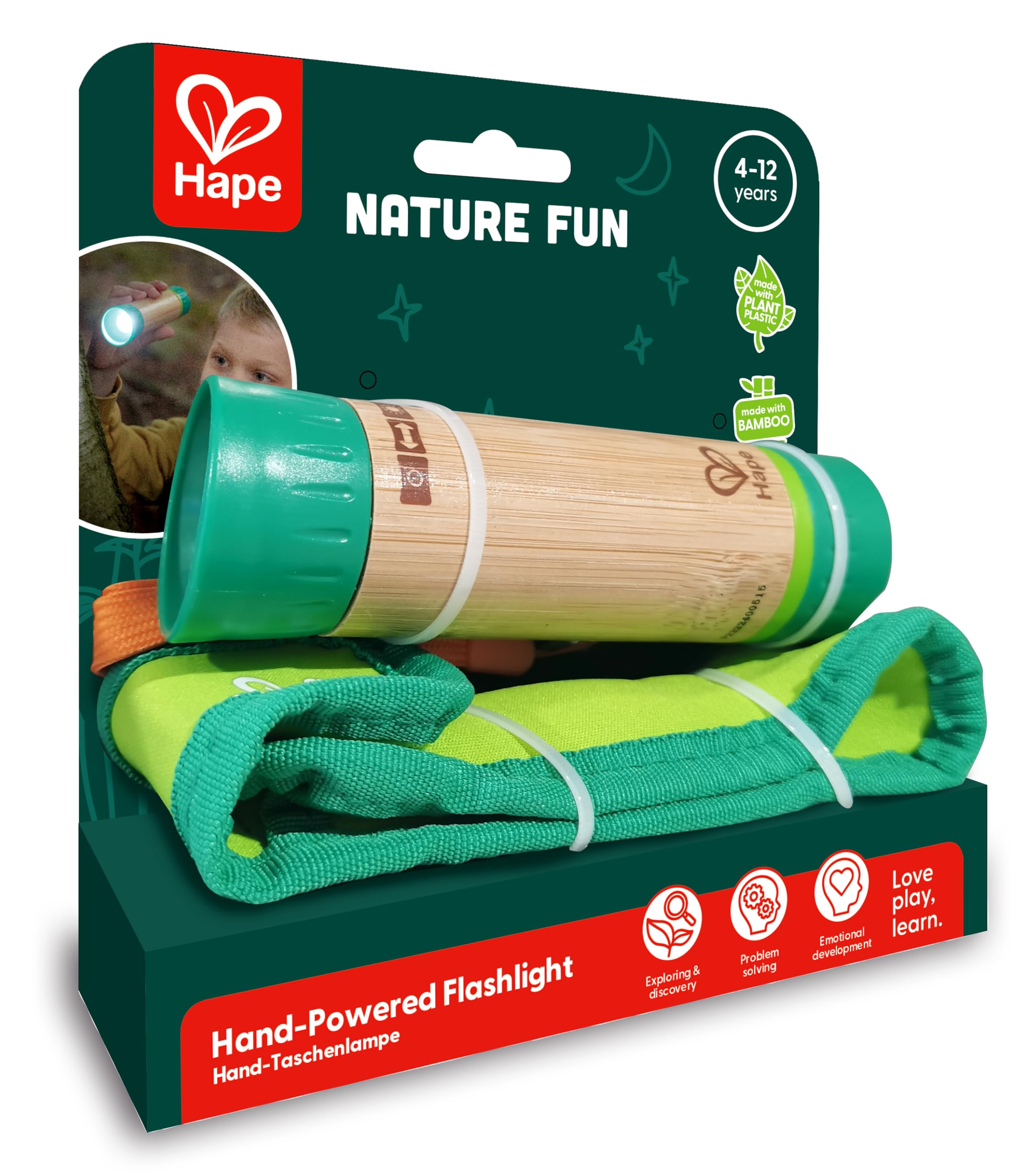 Hape Nature Fun - Torcia alimentata a mano: genera energia pulita tirando l’anello - Pila in bambù e bioplastica 4+ senza batterie