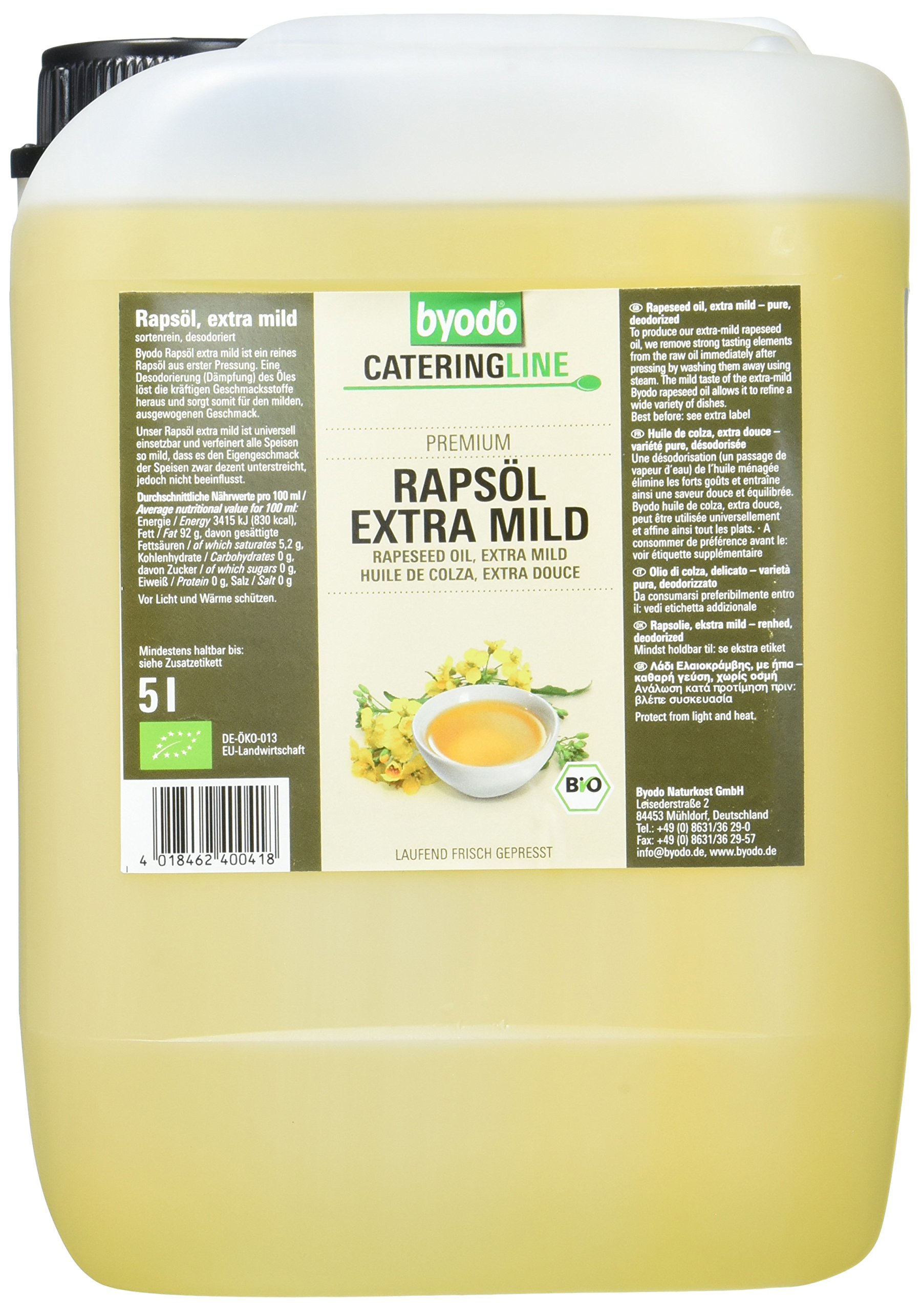 Kaltgepresstes Bio Rapsöl von Byodo - 5 Liter Kanister, Nussiger Geschmack, 100% reines Bio-Öl, Reich an ungesättigten Fettsäuren, Vegan, Für die Gastroküche oder Privatgebrauch