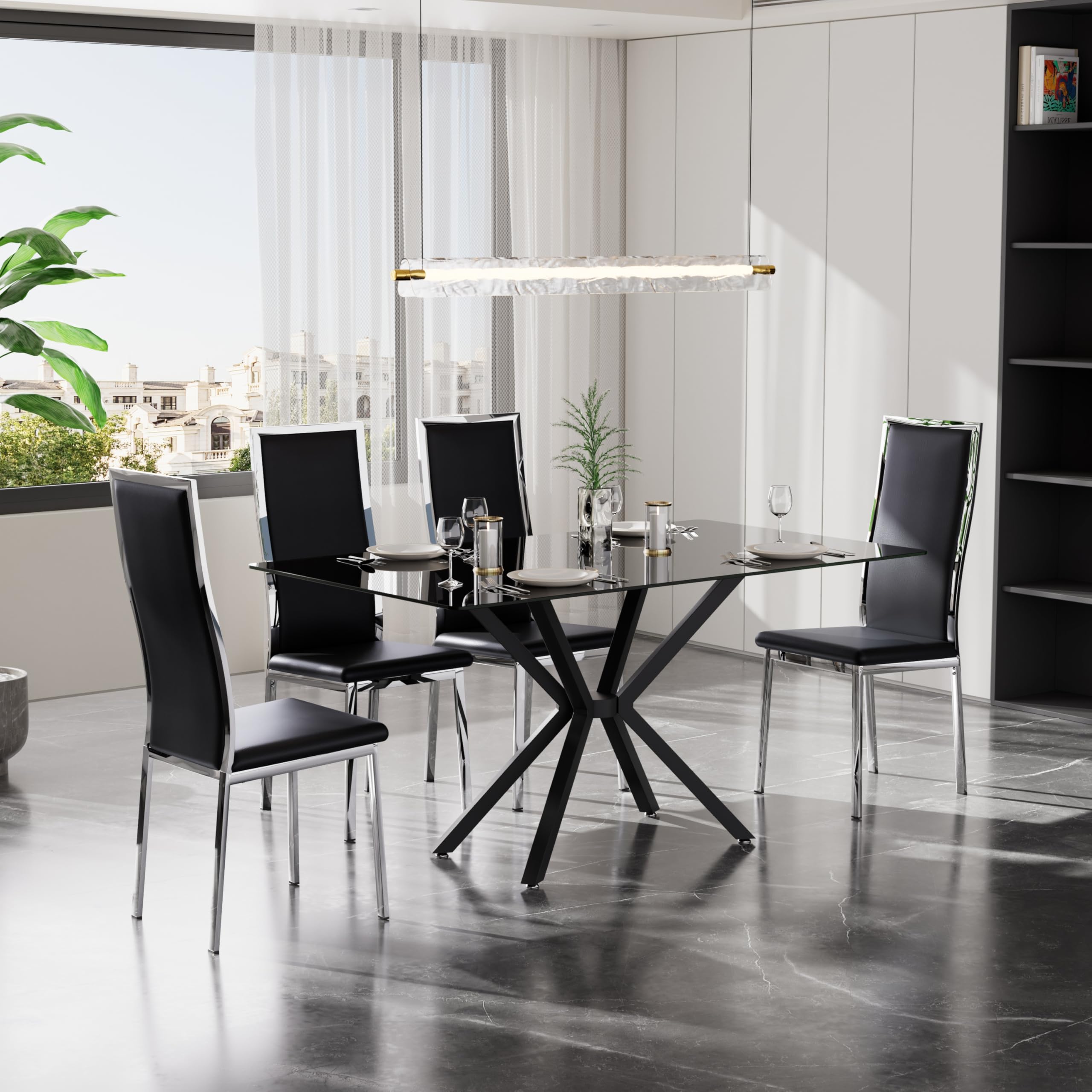 VAKTULS Black Glass Dining Table Set of 4, 47'' Modern Minimalism Kitchen Table with 4 White Silver Classic High Back Dining Chairs, 5 Pieces Luxury