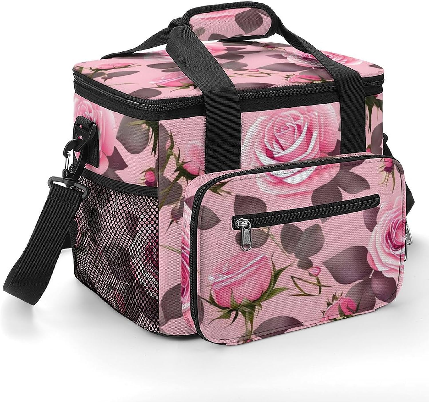 Large-Capacity Oxford Cloth Pretty Pink Roses Printed Camping Ice Bag, Outdoor Portable Insulation and Cold Storage Bag, Enjoy A Cool Camping Time