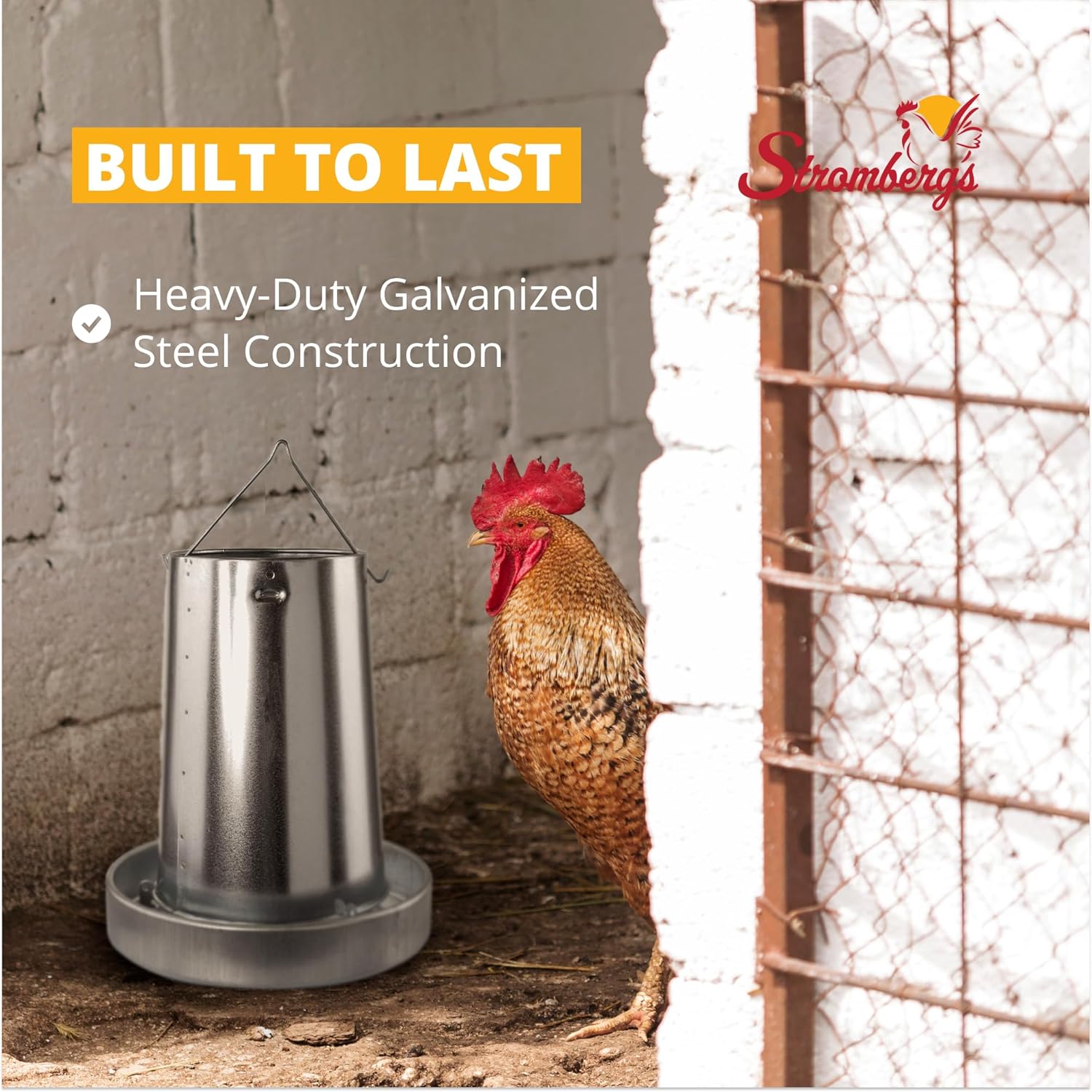 Stromberg's Metal Hanging Poultry Feeder, Galvanized Heavy Duty Steel, Holds 44 lbs, Rolled Edges for Safety, Secure Feed Flow Lock, Versatile Use Free Standing or Hanging