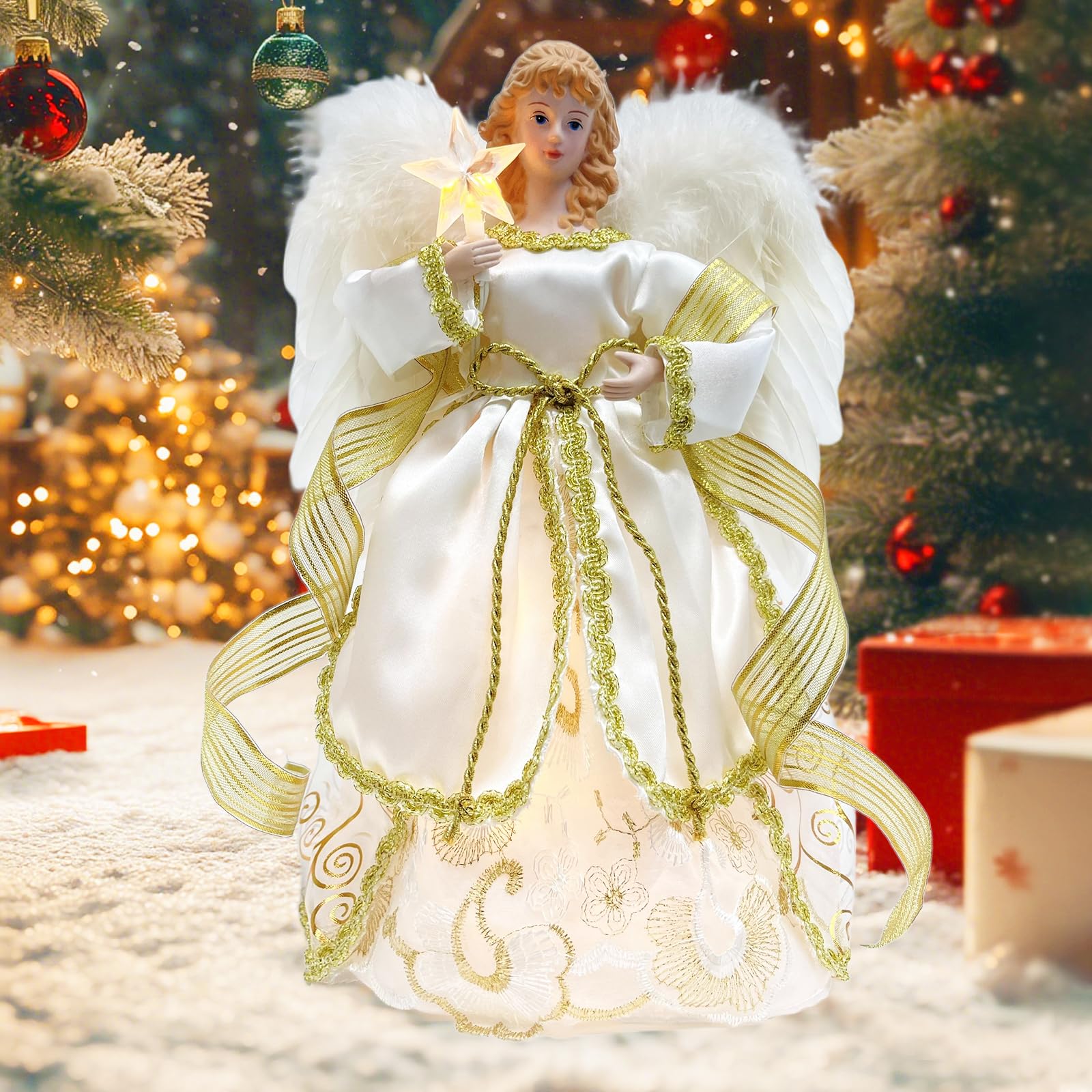 Cimier de sapin de Noël avec lumières 8 modes et minuterie, 30,5 cm, avec télécommande, fonctionne à piles, ailes en plumes blanches et étoile lumineuse