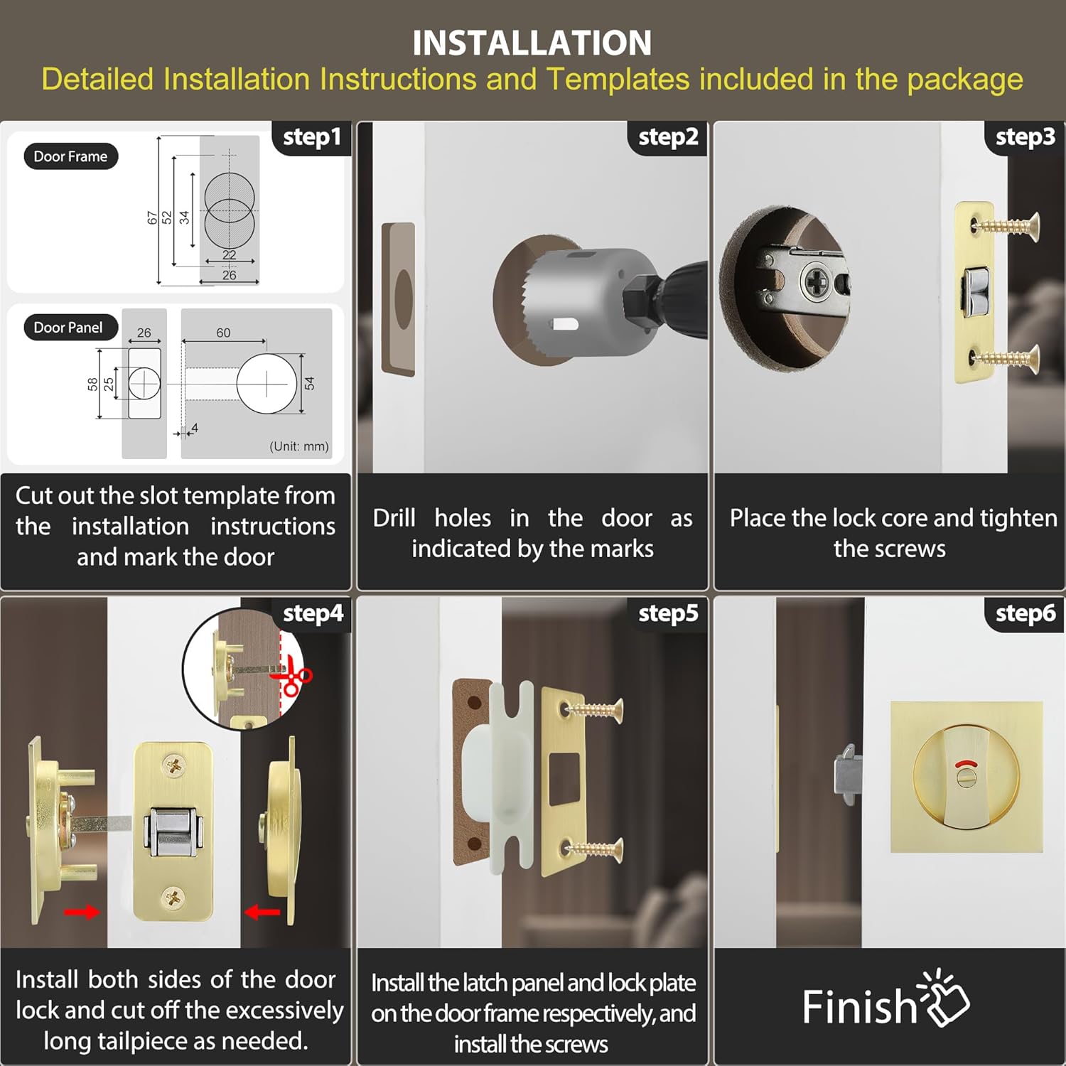 Malimali Pocket Door Lock, Brushed Gold Pocket Door Hardware Square Door Lock with Red-Green Indicators for Privacy Sliding Door Bifold Door Locks and Pulls Handles