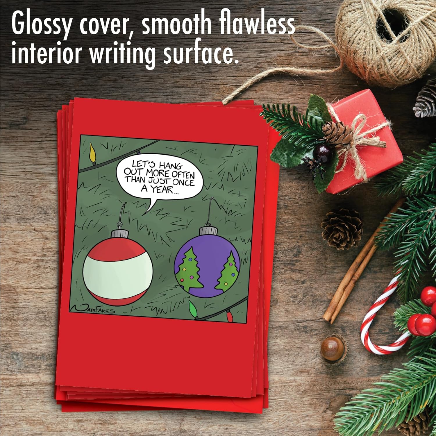 NobleWorks 12 Funny Christmas Cards w/5 x 7 Inch Envelopes (1 Design, 12 Each) - Ornament Friends C8759XSG-B12x1