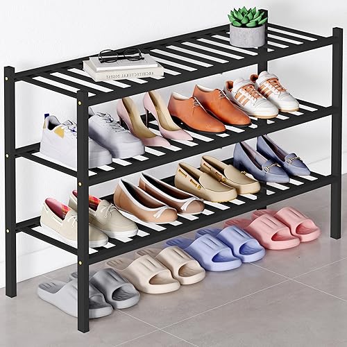 Miniatura 61 de Smiry Zapatero de bambú para clóset, organizador de zapatos apilable de 4 niveles largo de madera, estante de almacenamiento de zapatos Negro