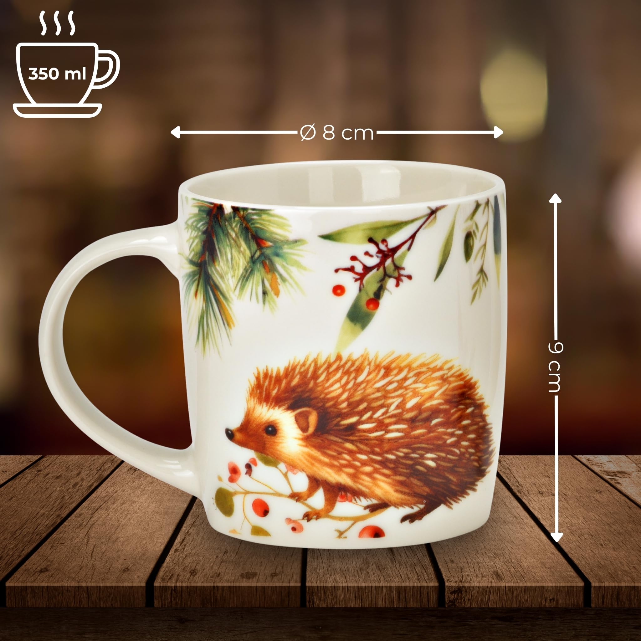 Lot de 6 tasses à thé d'automne, renard et hérisson, 350 ml, en porcelaine, passent au lave-vaisselle et au micro-ondes