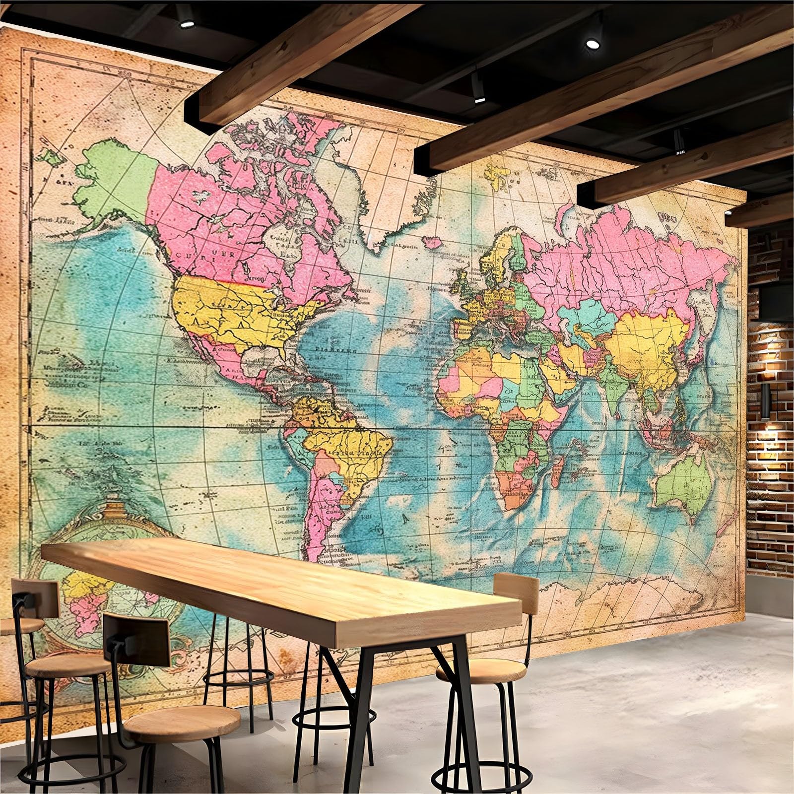 Fototapeta fototapeta mapa świata kolorowa retro 350 x 256 cm plakat mural HD druk 3D włóknina fototapeta, nowoczesny salon sypialnia tło telewizora dekoracja ścienna