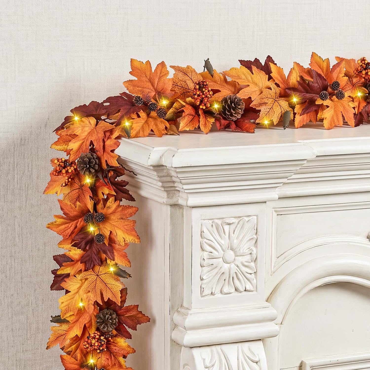 Ghrdopy 6Ft Fall Garland with 30 Lights & Timer Mantle Decor