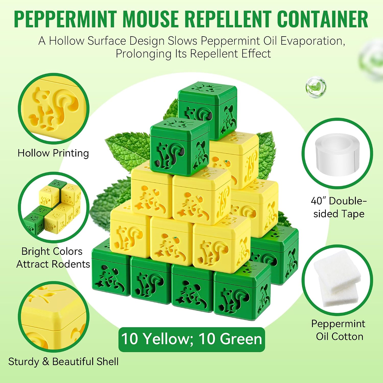 Dreyoo 20 Pack Peppermint Oil Container for Mice (Without Peppermint Oil), Reusable Mint Pouches with Absorbent Cotton Pads and Double Sided Tape for Home and Outdoor