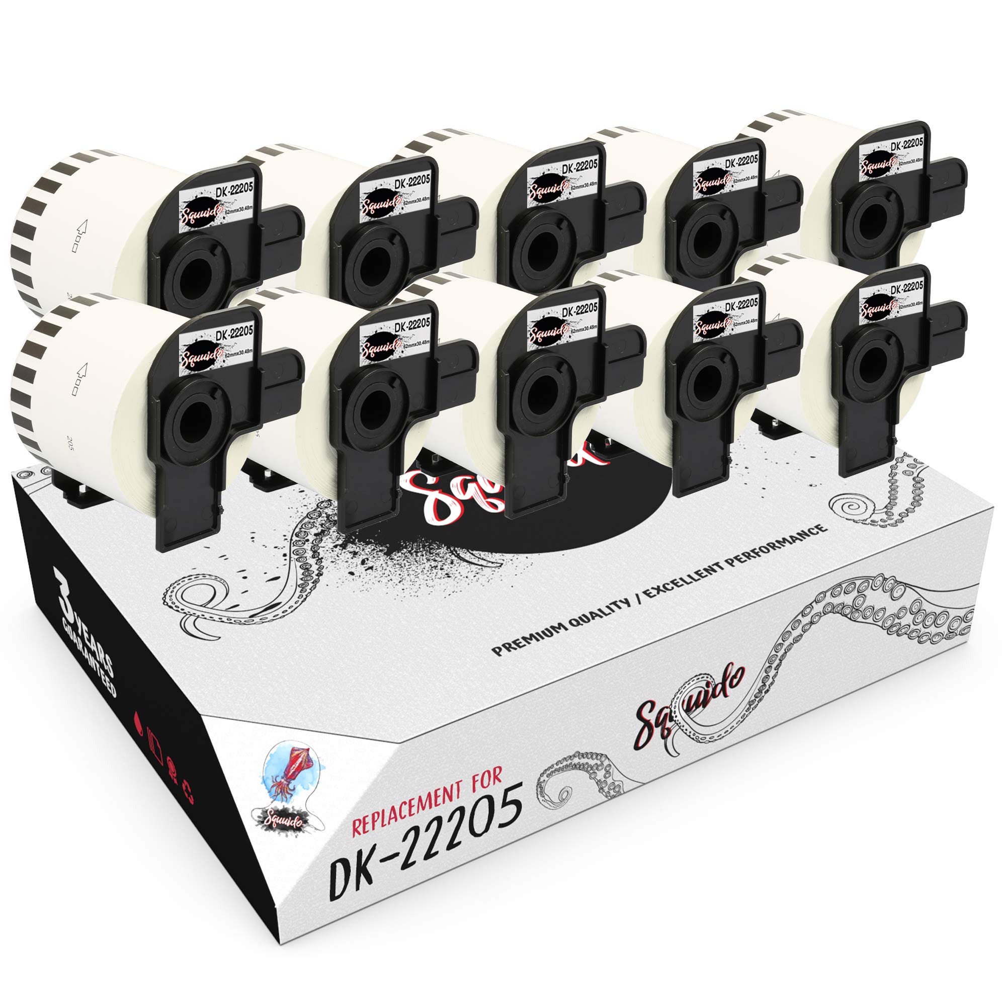 10 rollos cintas DK-22205 DK22205 Etiquetas Continuas compatibles para Brother P-Touch QL-500 QL-550 QL-560 QL-570 QL-580 QL-700 QL-710W QL-800 QL-810 QL-820NWB QL-1100 1110NWB | 62mm x 30.48m