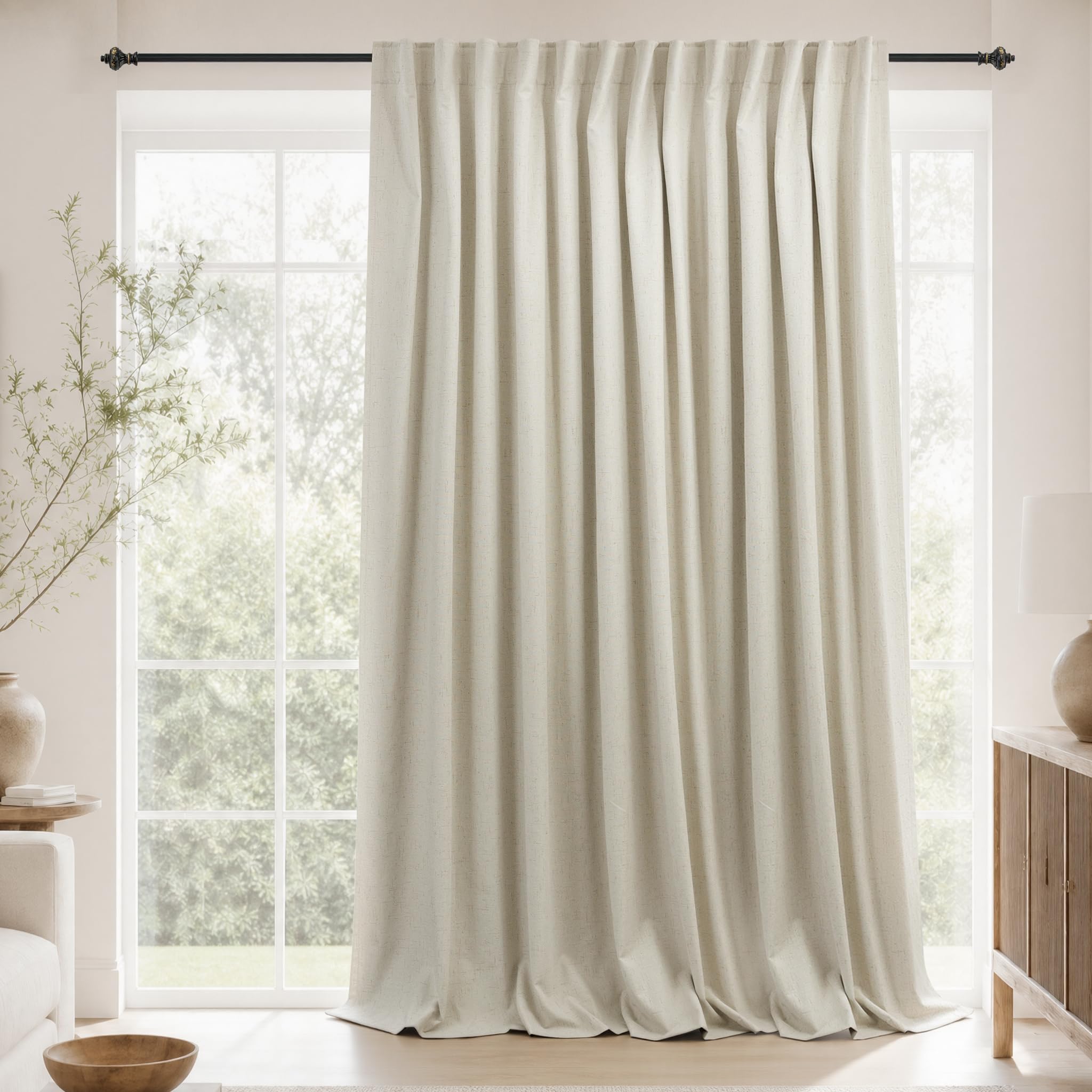 Extra Wide Linen Blackout Curtains Drapes 96 Inch Long, Pleated Noise Reducing Thermal 8FT Floor to Ceiling Black Out Curtain for Living Room, Cortinas para Puertas de Vidrio,100 x 96 By Size 1 Panel