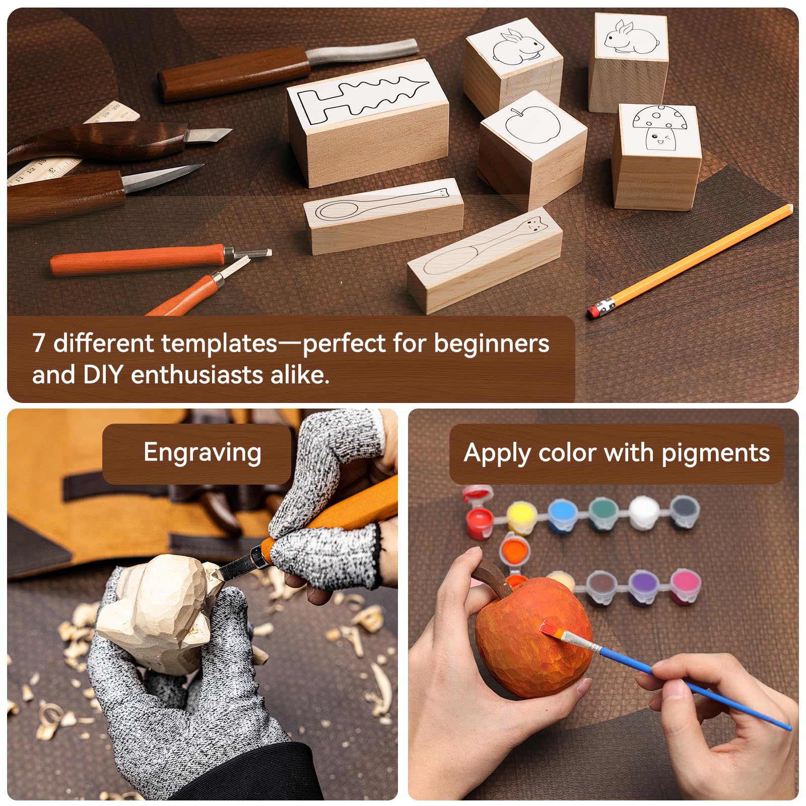 Kit de tallado de madera de 68 piezas para adultos y principiantes, 16 cuchillos y cinceles, 8 bloques de tilo, rollo de herramientas de cuero, guantes de seguridad, pinturas y plantillas, juego