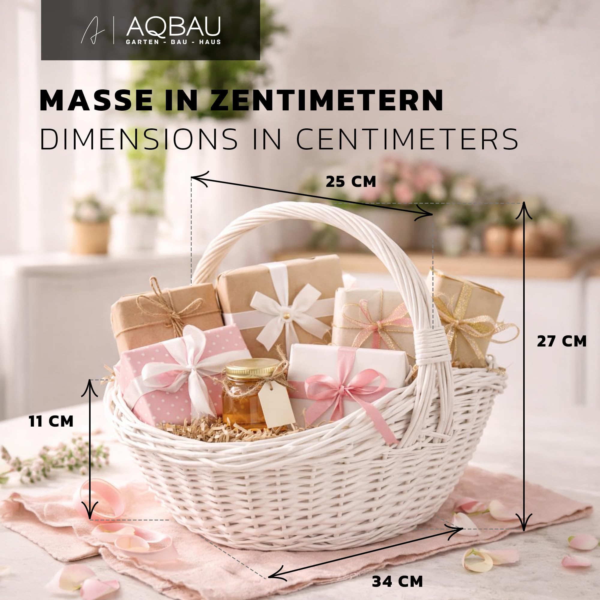 Geschenkkorb leer mit Henkel weiß S 34 x 25 cm | Geflochtener Weidenkorb als Präsentkorb, Blumenkorb, Osterkorb oder Dekokorb zum Befüllen und Dekorieren
