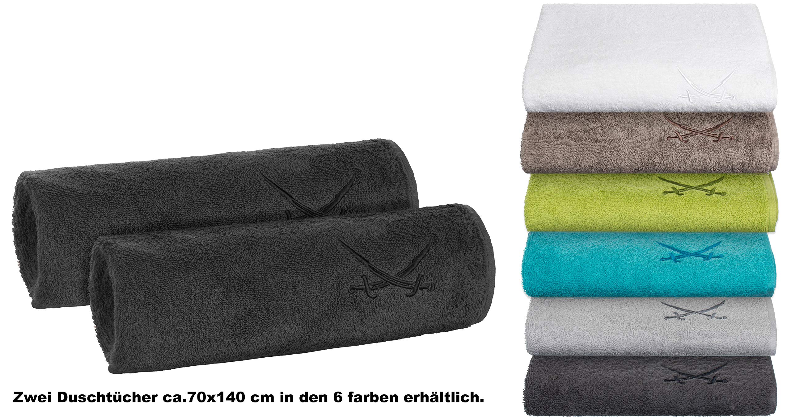 Sansibar 2er Set Duschtuch 70x140 cm – Saugstarkes Badetuch aus 100 % Baumwolle – Oeko-TEX zertifizierter Frottee – Sylt-Design mit gesticktem Säbel-Logo – Anthrazit