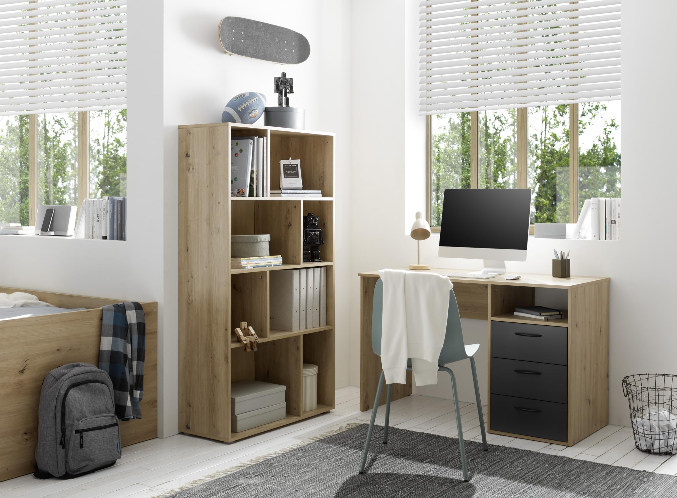Jugendzimmer Liam in Artisan Eiche und Graphit 4 teiliges Kinderzimmer Komplett Set mit Schwebetürenschrank, inklusive Türdämpfung, Jugendbett, Schreibtisch und Standregal