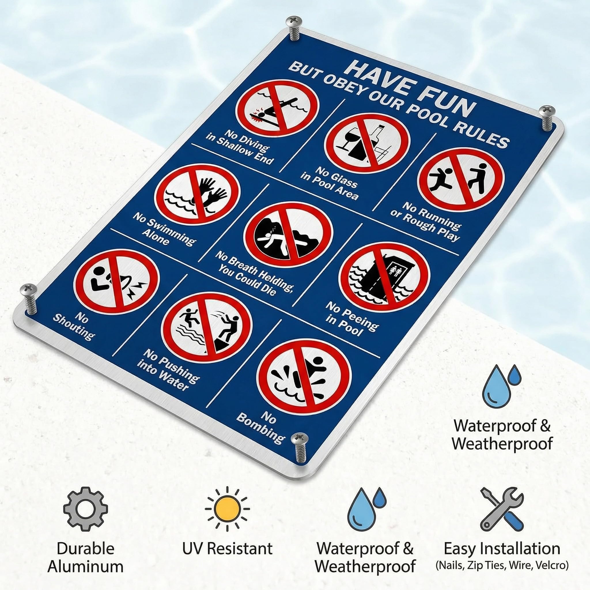 Targa in metallo da parete con regole della piscina, bilingue, inglese spagnolo, resistente allo sbiadimento, facile da montare, per interni, decorazione da parete, poster in metallo, 20,3 x 30,5 cm