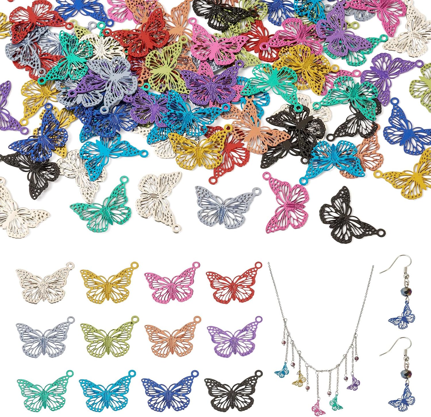 FASHEWELRY 96Pcs Filigree Butterfly Charms 430 Stainless Steel Metal Pendants Small Rainbow Color Hollow Butterfly Insect Dangle Earring Pendants for DIY Necklace Jewelry Making 11x15mm
