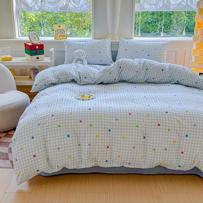 Blue Blue Blue Grid Duvet Cover Set Queen 100% Cotton Soft Lightweight Gauze Bedding Rainbow Polka Dot on Plaid 1 Abstract Geometric Full Comforter Cover 2 Pillow Shams, Queen fashion product photo