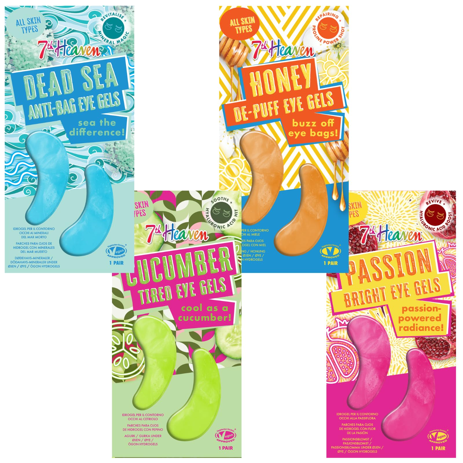 7th Heaven Under Eye Gels with Hyaluronic Acid and Proline - 4 Pairs - Passion, Dead Sea, Honey and Cucumber