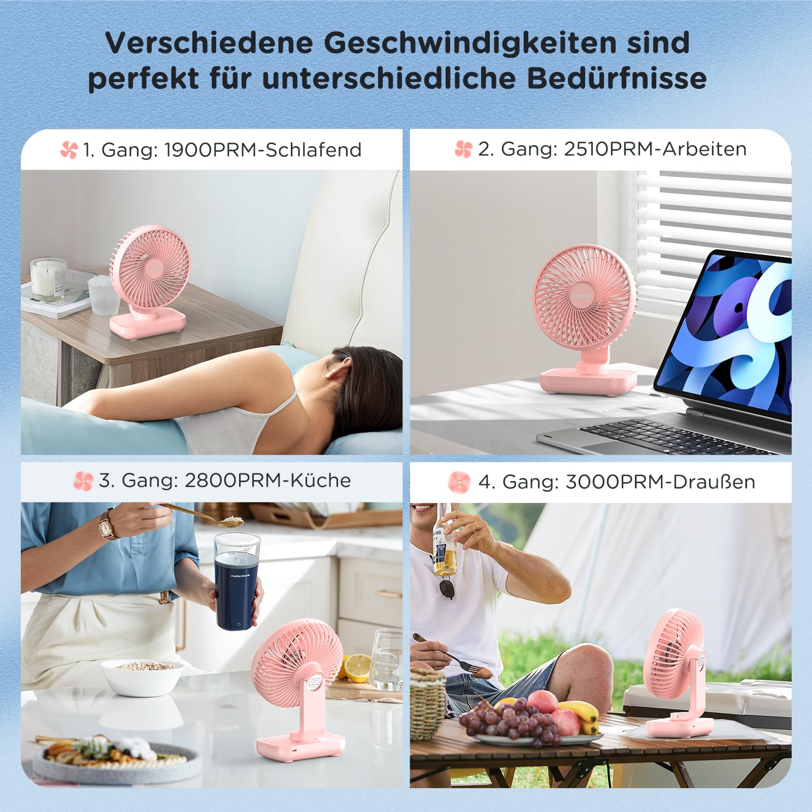 EasyAcc Tischventilator, 4000 Akku Batterie Klein USB Ventilator, Tragbarer Aufladbar Basis Ventilatoren mit 4 Geschwindigkeiten für Camp,Büro, Bibliothek und Zuhause - Rosa