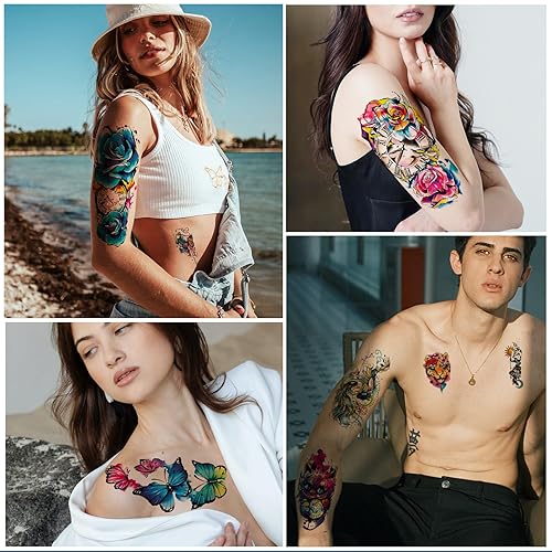 Miniatura 5 de Aresvns 25 tatuajes temporales de acuarela 3D, 14 hojas de rosas, flores, mariposa, león, tatuajes falsos para adultos, hombros, brazos, manos, 11