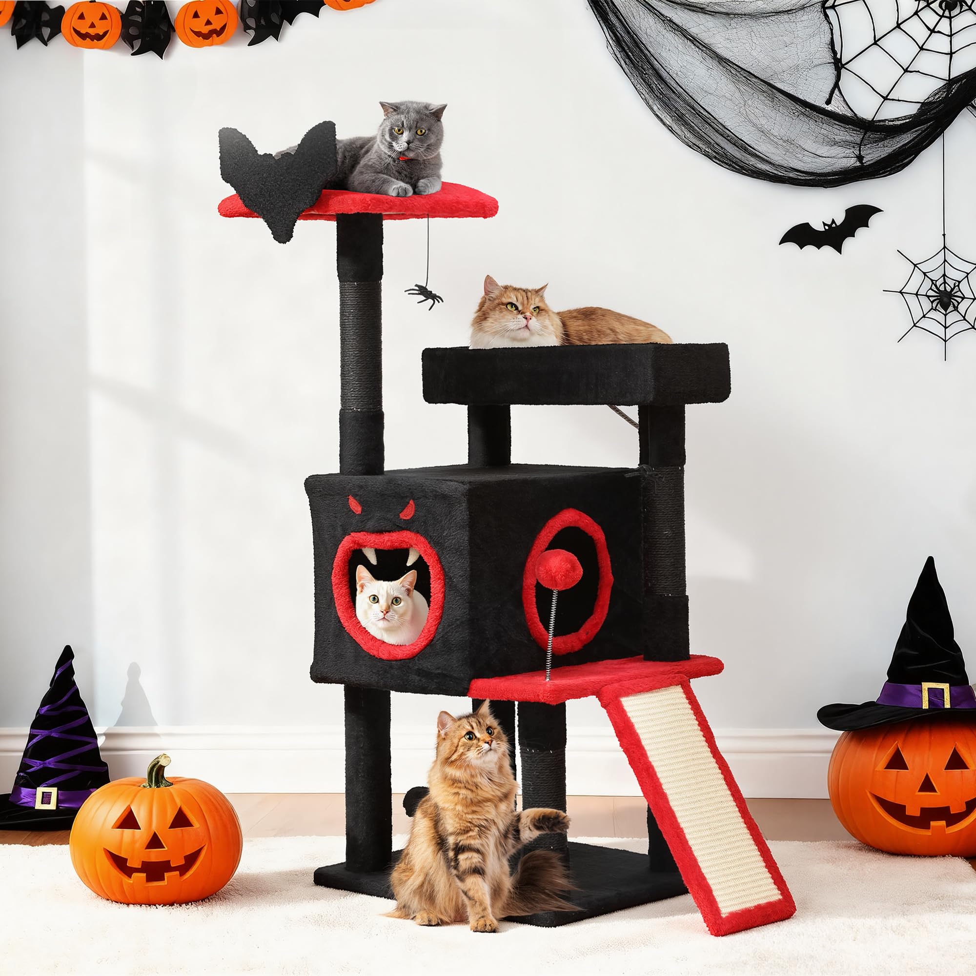 DWVO Árbol de Gato gótico de 111 cm para Interior con Cama de ataúd, espaciosa casa para Gatos, Bola de araña Colgante y rascador, Color Negro