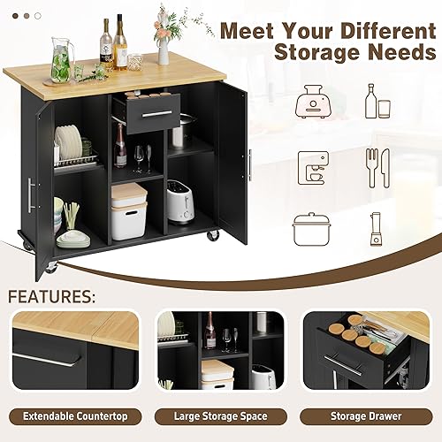 Miniatura 12 de Shintenchi Carrito de isla de cocina con almacenamiento, mesa auxiliar de isla de cocina con ruedas con encimera, armario de almacenamiento de una
