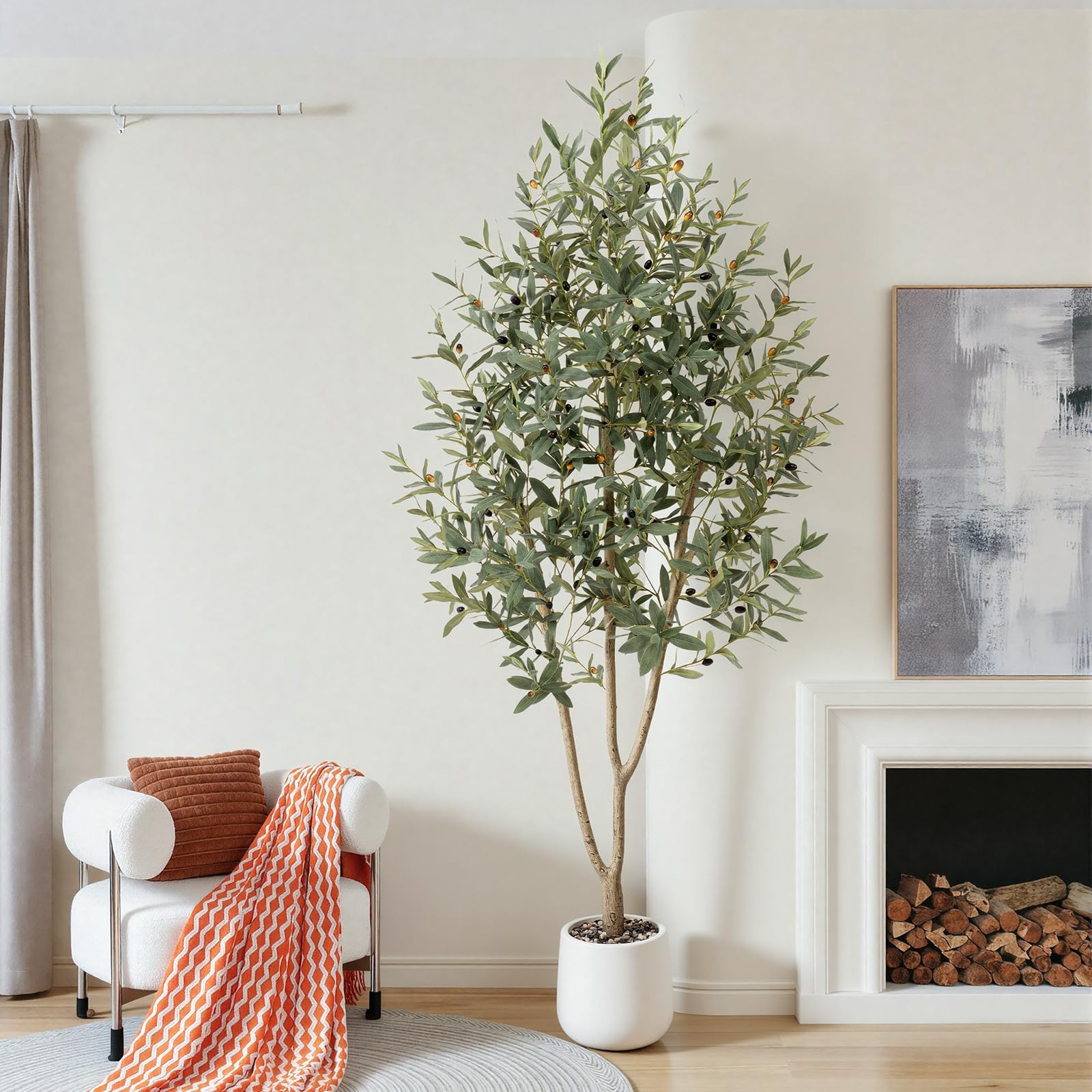 olivenbaum künstlich 210cm,kunstpflanzen groß mit Weiß Topf-1230 realistischen Blättern und 41 lebensechten Oliven,künstliche Pflanzen Dekoration ideal für Büros, Wohn und Schlafzimmer.