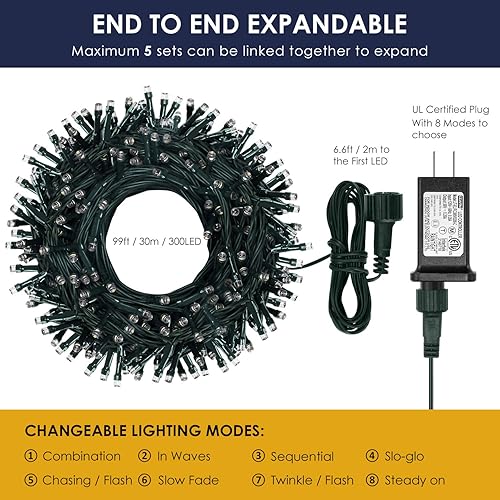 Miniatura 2 de Tira de luces brillantes de Navidad para exteriores, 300 luces LED, 100 pies, conectables, 8 modos, luces de árbol de Navidad para el hogar, fiesta,