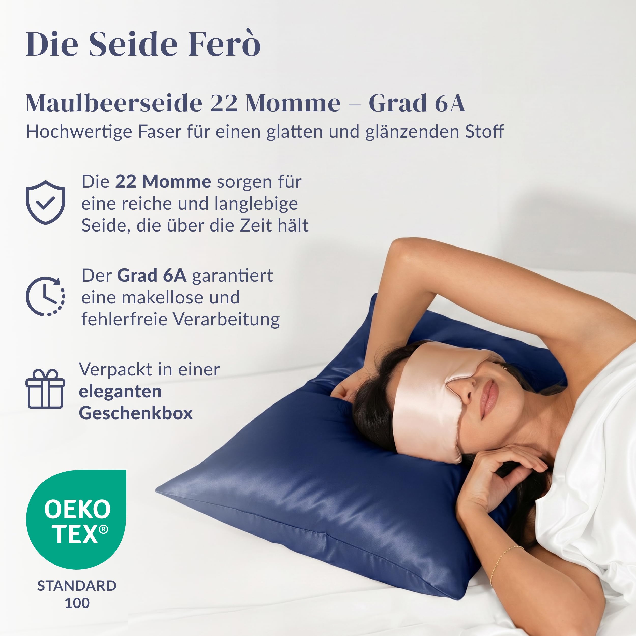 Ferò Kissenbezug Seide 40x80 cm Blau, aus 100% natürlicher Maulbeerseide, 22 Momme Grad 6A, Oeko-TEX Zertifiziert, Seidenkissenbezug Hypoallergen für Haar und Haut, Luxuriöse Geschenkidee