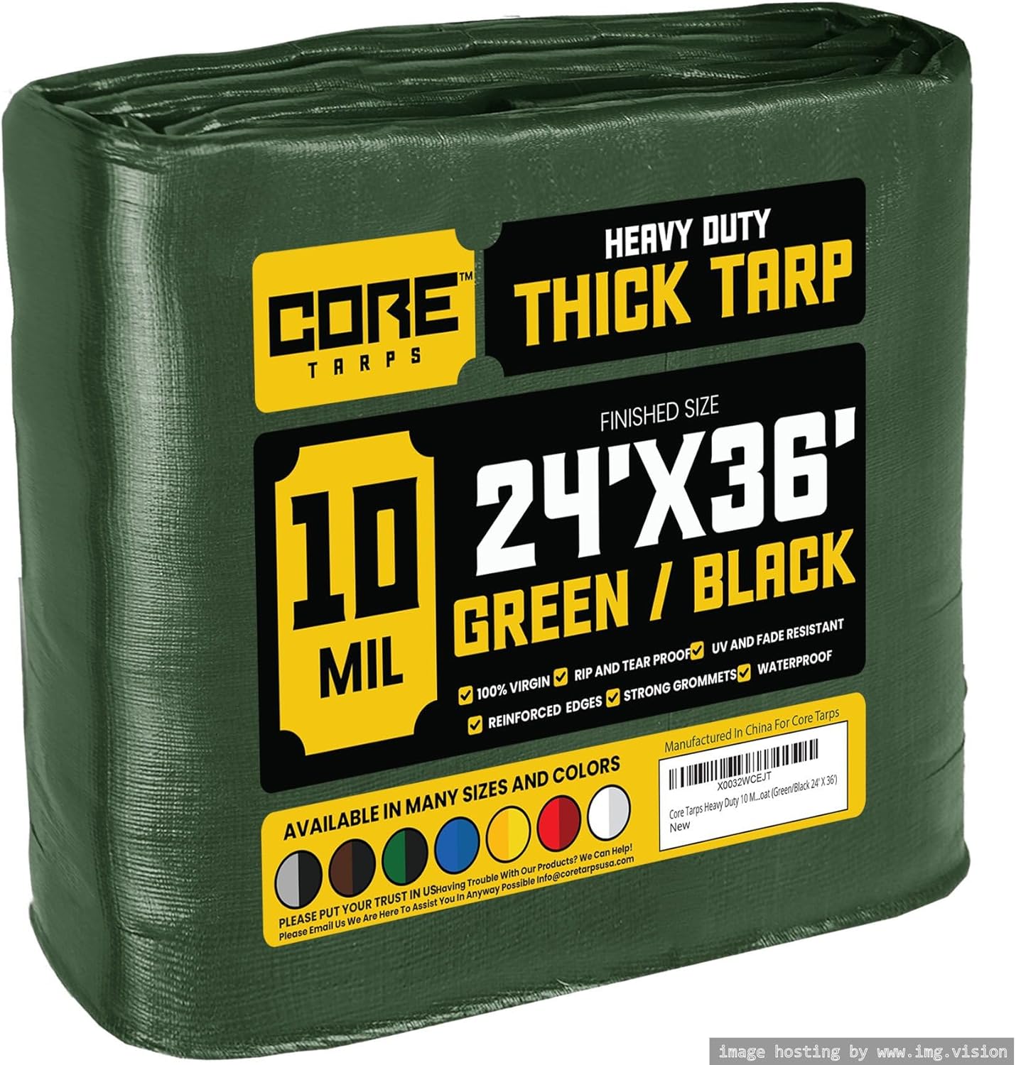 Core Tarps Heavy Duty 10 Mil Tarp Cover, Waterproof, UV Resistant, Rip and Tear Proof, Poly Tarpaulin with Reinforced Edges for Roof, Camping, Patio, Pool, Boat (Green/Black 24 X 36)