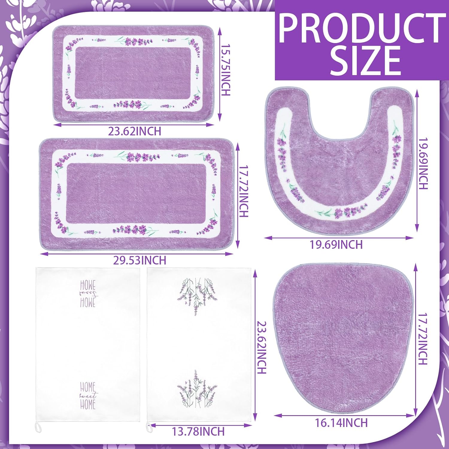 Nuanchu 6 Pcs Spring Lavender Purple Bathroom Rugs Set 2 Floral Hand Towels 2 Water Absorption Bath Mat 1 Non Slip U-Shaped Toilet Rugs 1 Toilet Lid Cover for Spring Bathroom Bedroom Living Room
