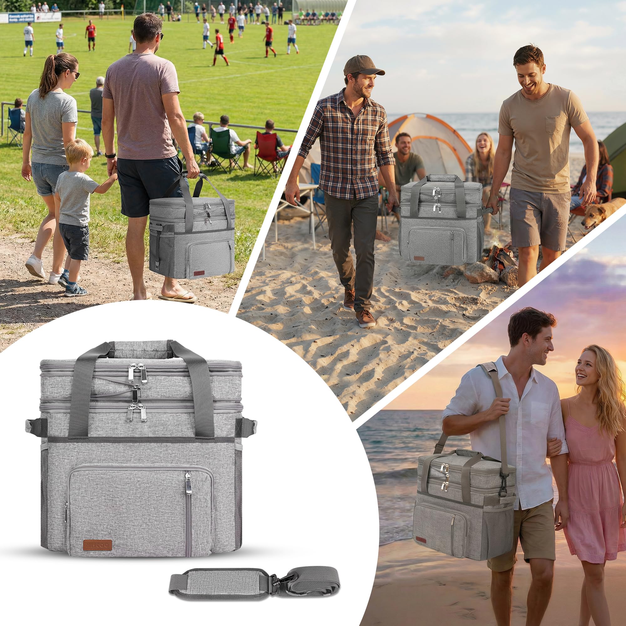 Borsa Frigo Doppia Strato Morbida, Borsa Pranzo Isolata Impermeabile Portatile, Contenitore Termico Extra Large Espandibile per Spiaggia, Picnic, Camping, Shopping - MIYCOO-Grigio