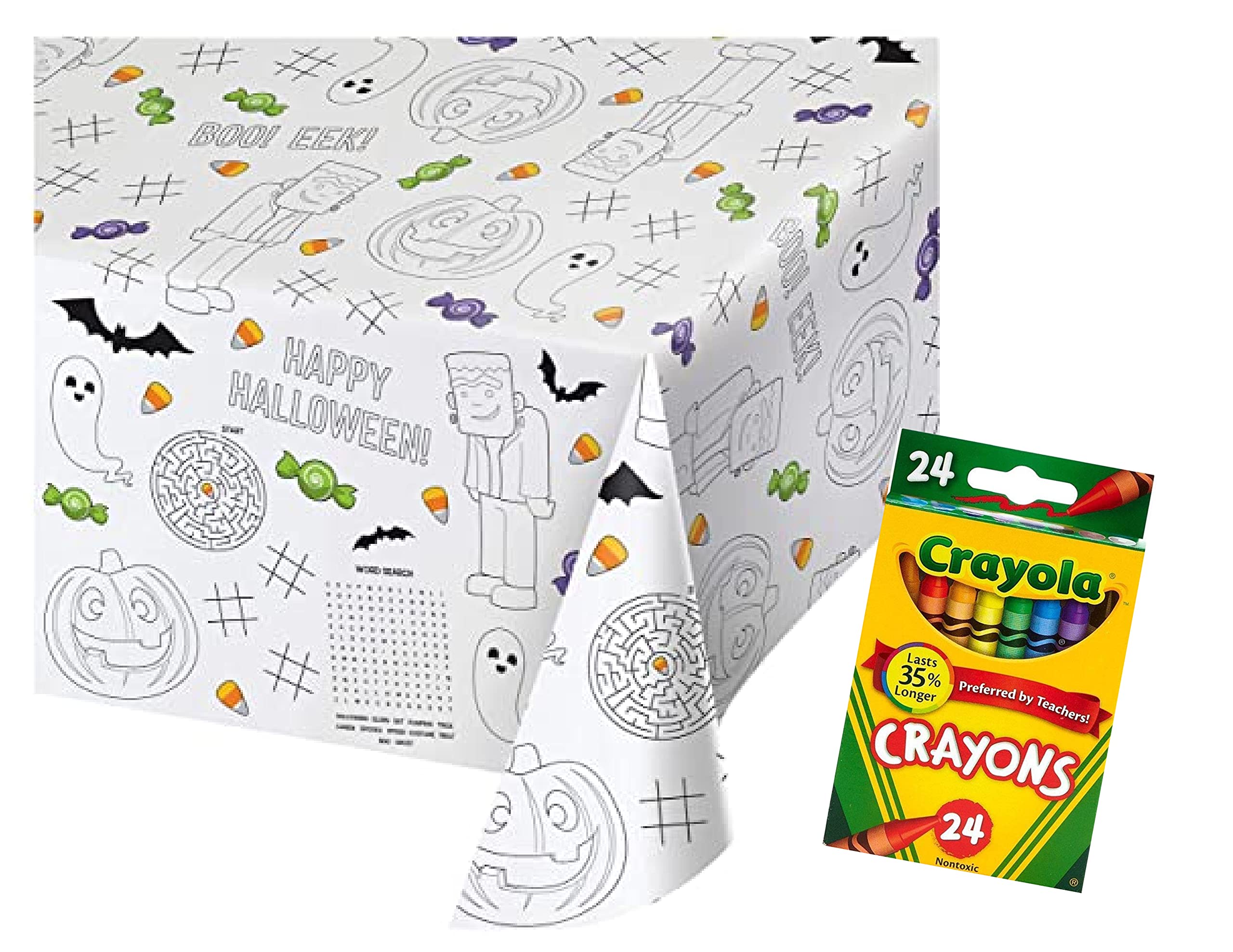 Childrens Halloween Fun Party Supply Activity Bundle - Includes Color-On Paper Tablecover and Crayons