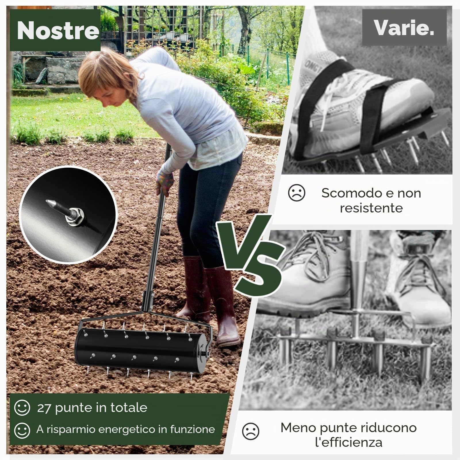 FANTASK Aeratore Manuale per Prato a Rullo, 53 x 130 cm, Rullo per Prato con Manico e Chiodi, scarificatore Manuale Rotante, aeratore per Prato, Rullo da Giardino, Nero