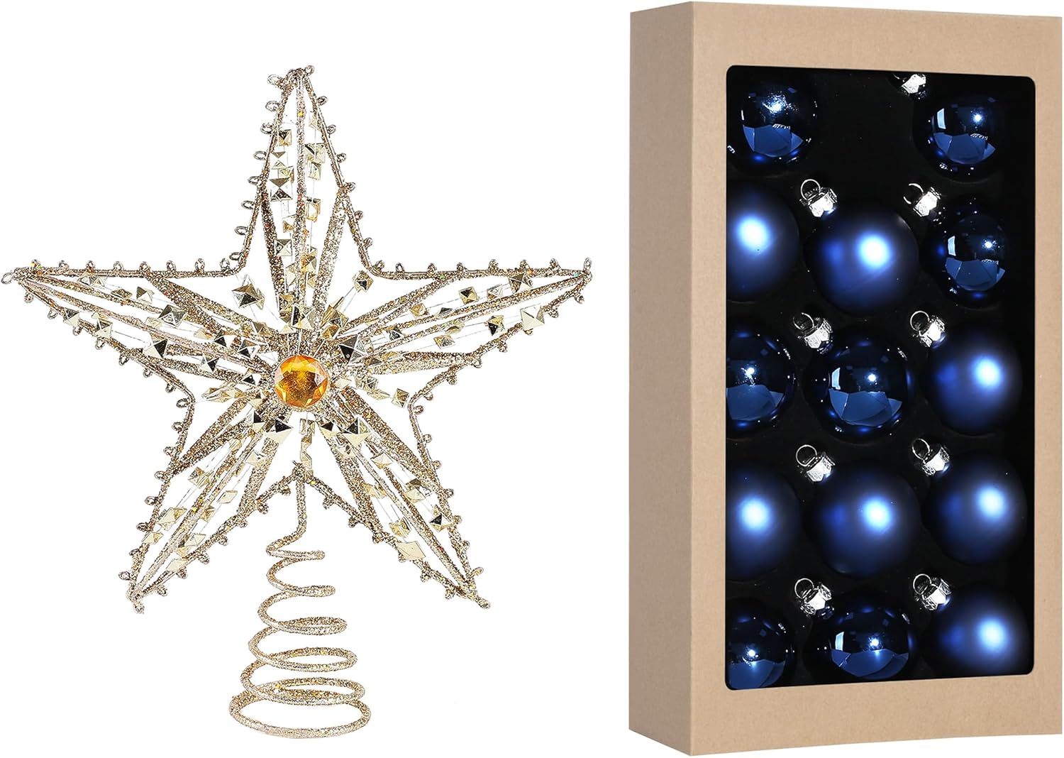 Christmas Tree Toppers Gold Xmas Decor with Christmas Glass Ball Hanging Set for Christmas Tree Decoration Treetop Modern Home Seasonal Decor