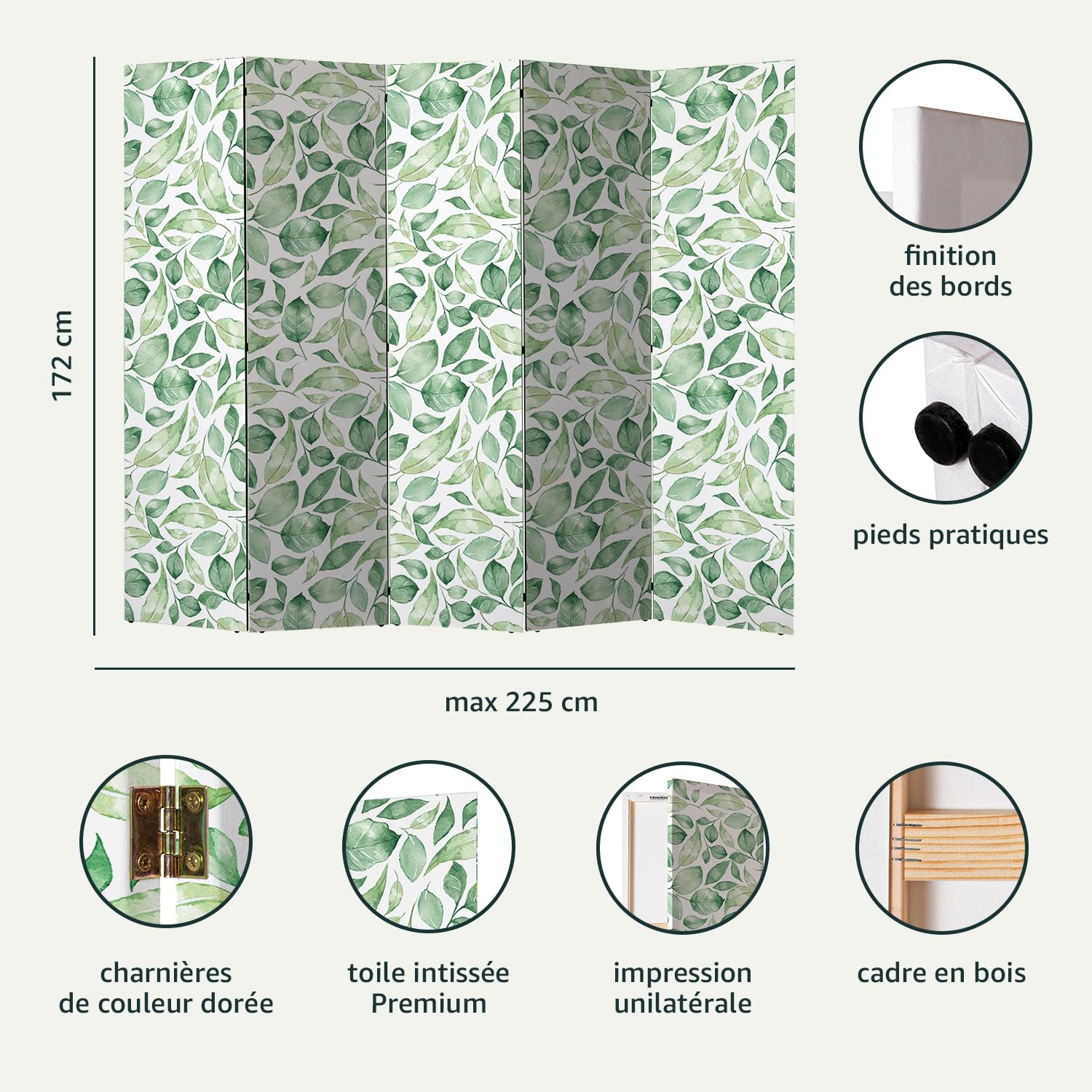 decomonkey Paravent décoratif intérieur Plante Gris Vert 225x172 cm | Cloison de séparation, Paravent en Bois, seul côté, Forêt Jungle Arbres Feuilles Nature Tendances Couleurs de