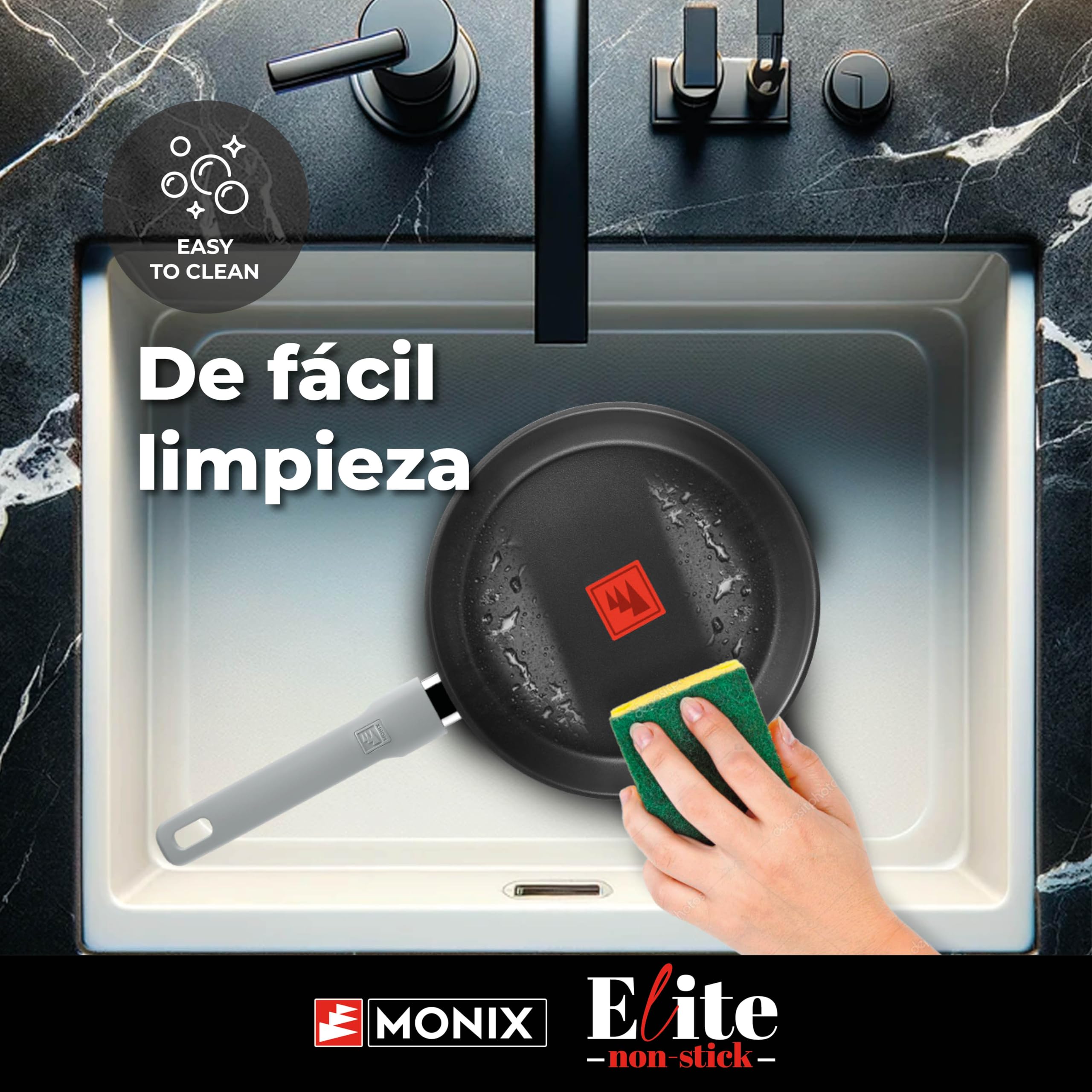 Monix Elite Non Stick | Set 3 sartenes 20-24-26 cm, acero inoxidable 18/10, Antiadherente Tricapa Sin PFOA, Indicador de Temperatura TherMonix, Mango ergonómico softouch
