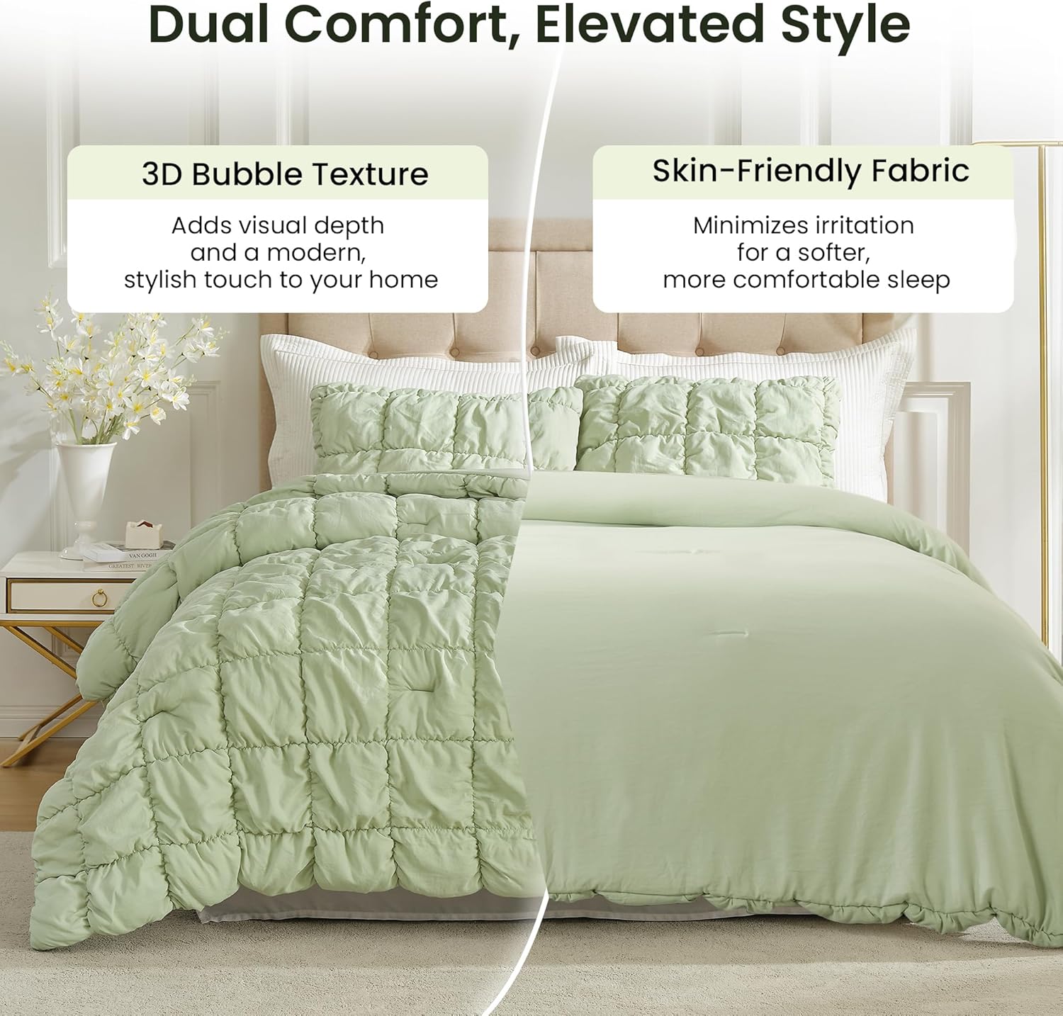 Amélie Home Queen Comforter Set, 3 Pieces Sage Green Bubble Bedding Set for All Season, Ultra Soft Cozy Comforter, Farmhouse Luxury Gift for Women Home Decor - Image 2