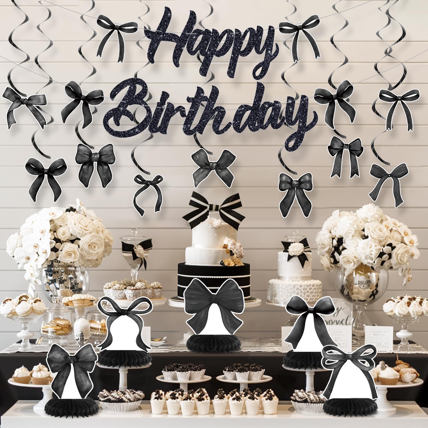 Guirnalda Cumpleaños Negra Con Lazo - Decoración Elegante Para Fiestas De Adultos