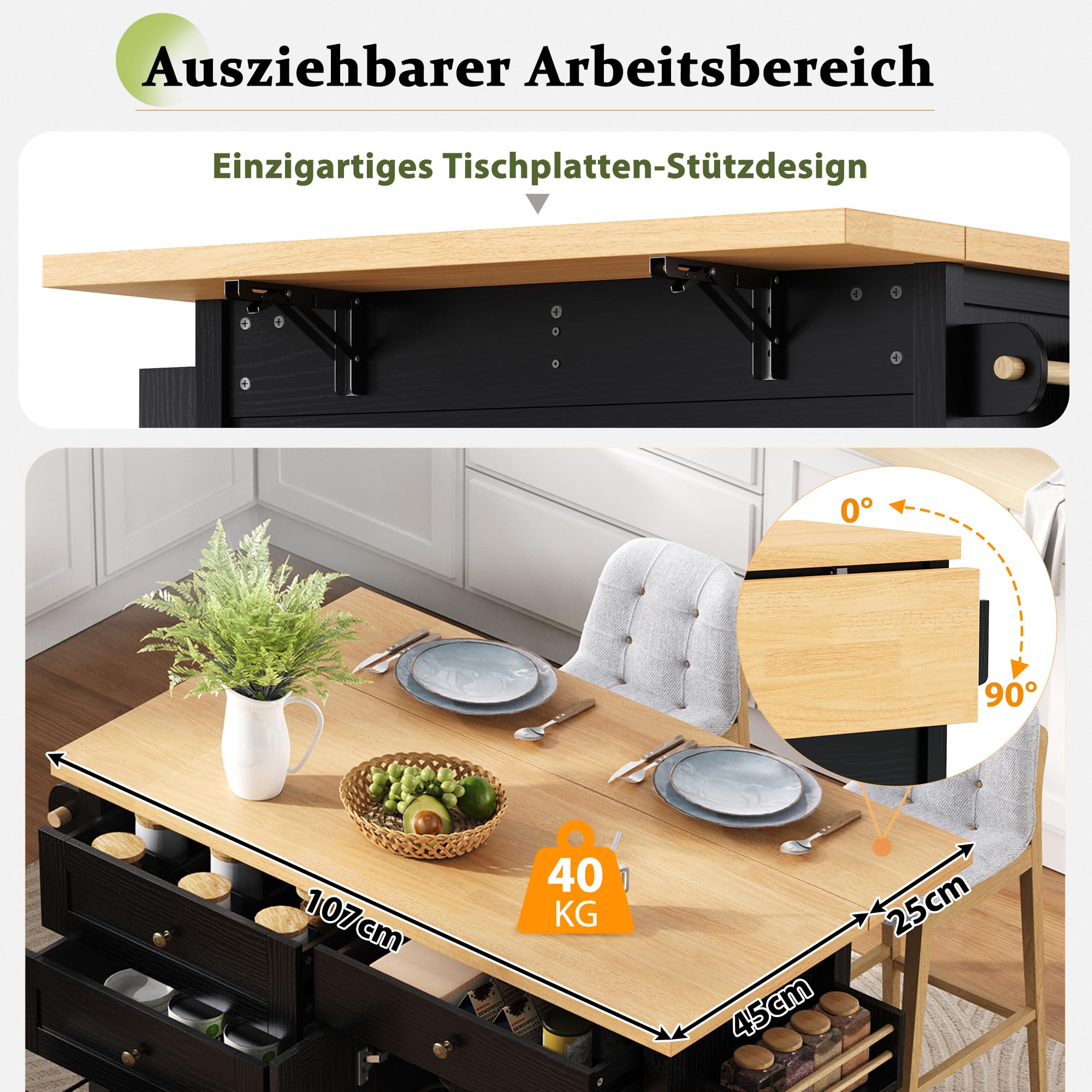 Isola da cucina mobile, carrello da cucina, tavolo da pranzo estensibile, armadio da cucina con ruote, cassetti multifunzione, per cucina, sala da pranzo, 107 x 45 x 90,5 cm (nero)