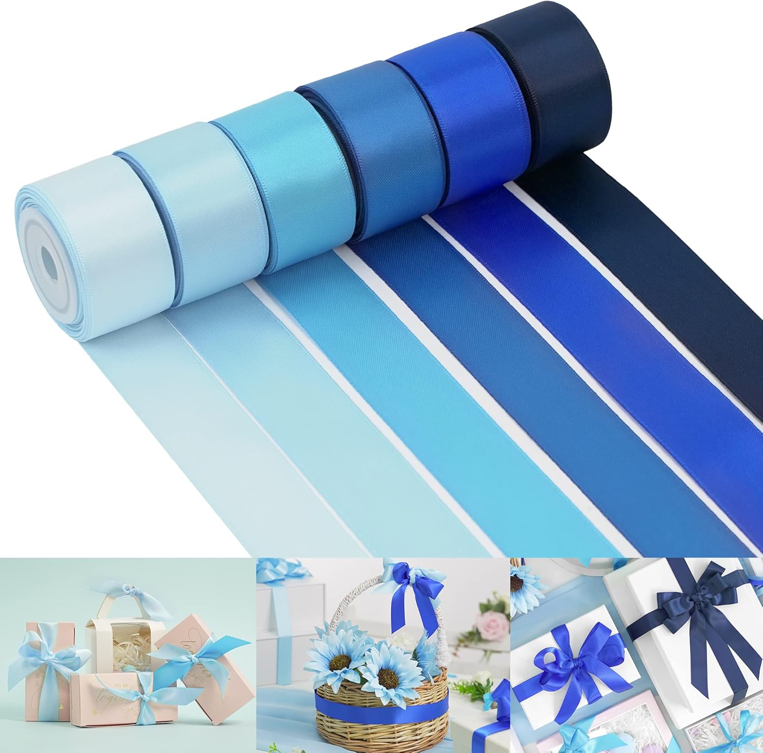 HUIHUANG Blue Satin Ribbon for Gift Wrapping, Baby Blue/Light Blue/Island Blue/Royal