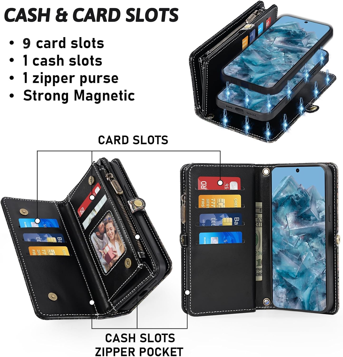 Asuwish Phone Case for Google Pixel 8 Pro 5G Zipper Wallet Detachable with Screen Protector Cover and Card Holder Slot Wrist Strap Purse Flip Folio Cell Pixel8Pro Pixel8 XL Eight 8Pro Women Men Black