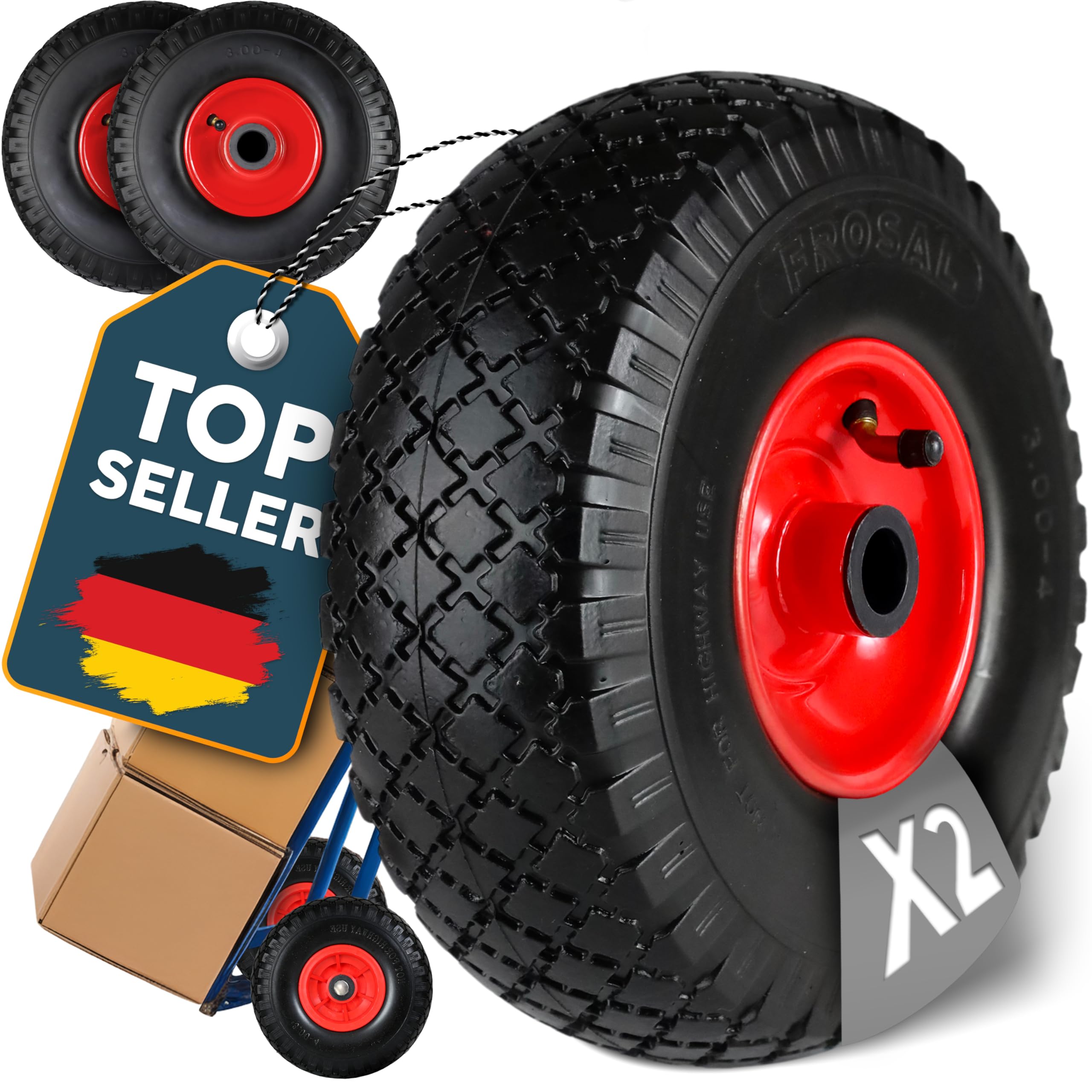 FROSAL 2x Luftrad 260mm (3.00-4) mit roter Stahlfelge – Ersatzrad für Bollerwagen & Sackkarre – Luftreifen mit Rollenlager, 20mm Achse – belastbar bis 150kg