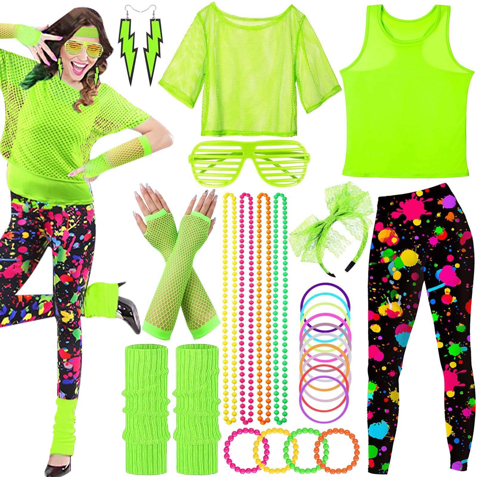SaiXuan 26 pcs de Déguisement Année 80 Femme, Chemise en Maille, Gilets Fluorescents, Bandeau, Boucles d'Oreilles, Gants en Maille, pour Soirées à Thème et Spectacles sur Scène, Déguisement Fluo (L SaiXuan 26 pcs de Déguisement Année 80 Femme, Chemise en Maille, Gilets Fluorescents, Bandeau, Boucles d'Oreilles, Gants en Maille, pour Soirées à Thème et Spectacles sur Scène, Déguisement Fluo (L