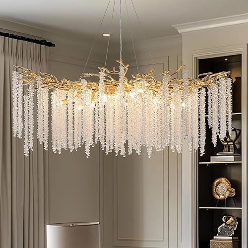 YUYI Candelabros modernos de cristal para comedor, lámparas colgantes doradas de lujo con ramas de árbol redondas, lámpara de techo alto (47.2